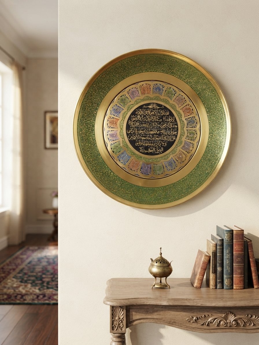 Handcrafted 12-Inch Solid Brass Ayat-ul-Kursi Decorative Wall Plate - Islamic Calligraphy Enamel Art Frame - Image 2