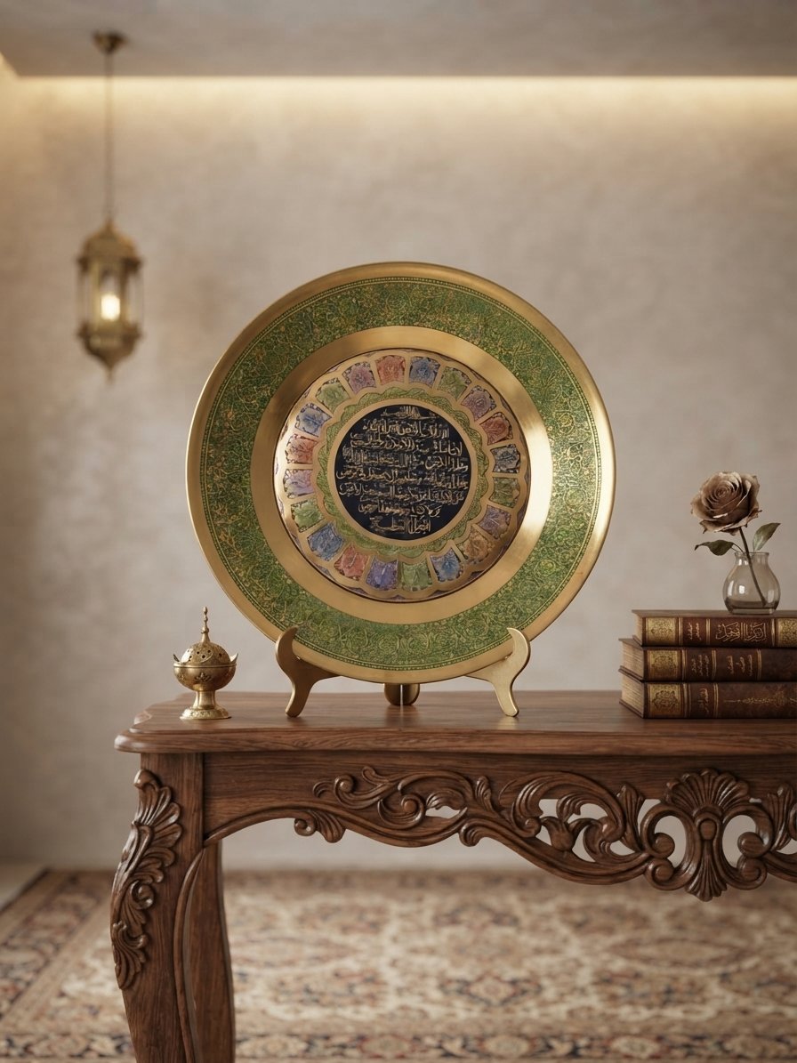 Handcrafted 12-Inch Solid Brass Ayat-ul-Kursi Decorative Wall Plate - Islamic Calligraphy Enamel Art Frame - Image 3