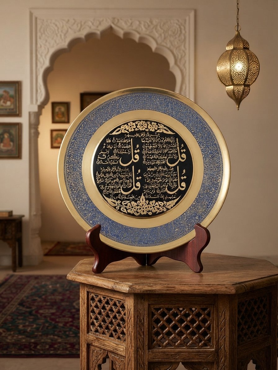 Handcrafted 12-Inch Solid Brass Four Qul Decorative Wall Plate - Islamic Calligraphy Blue Enamel Art Frame - Image 2