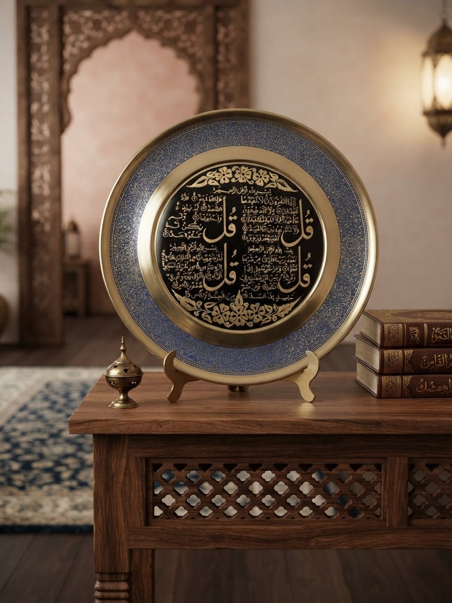 Handcrafted 12-Inch Solid Brass Four Qul Decorative Wall Plate - Islamic Calligraphy Blue Enamel Art Frame - Image 3