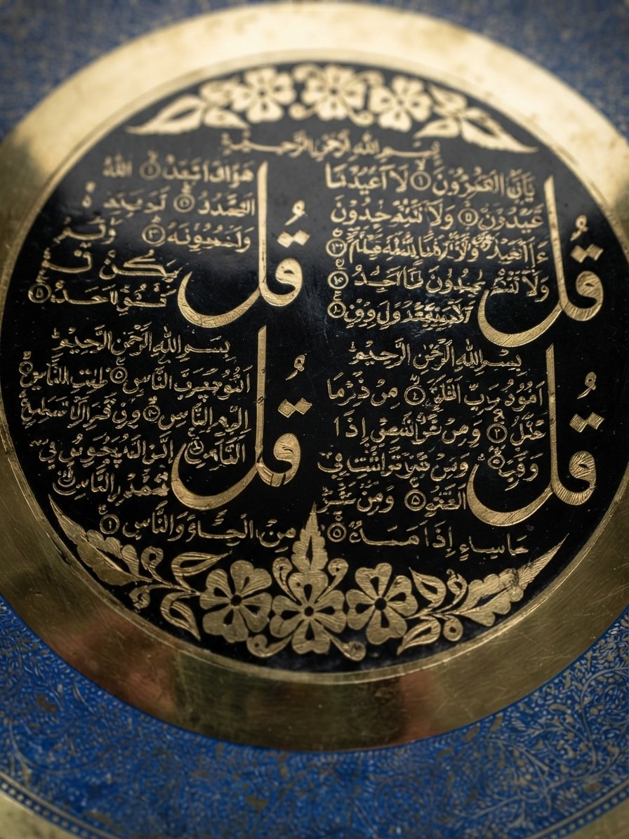 Handcrafted 12-Inch Solid Brass Four Qul Decorative Wall Plate - Islamic Calligraphy Blue Enamel Art Frame - Image 4