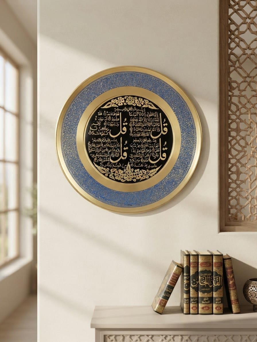 Handcrafted 12-Inch Solid Brass Four Qul Decorative Wall Plate - Islamic Calligraphy Blue Enamel Art Frame - Image 5