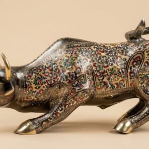 Handcrafted 16-Inch Solid Brass Charging Bull Statue – Multicolor Enamel Hand-Engraved Decorative Figurine