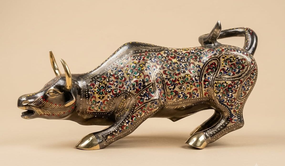 Handcrafted 16-Inch Solid Brass Charging Bull Statue - Multicolor Enamel Hand-Engraved Decorative Figurine