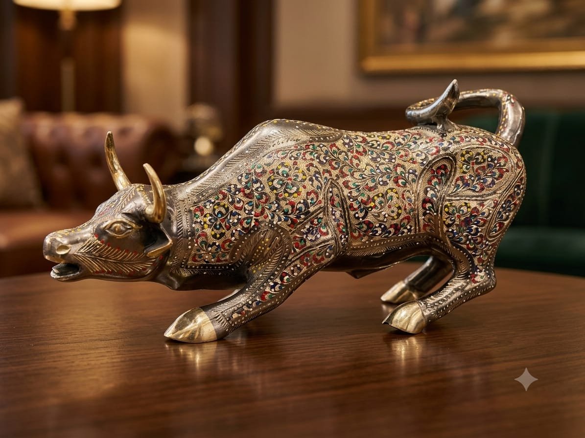 Handcrafted 16-Inch Solid Brass Charging Bull Statue - Multicolor Enamel Hand-Engraved Decorative Figurine - Image 2