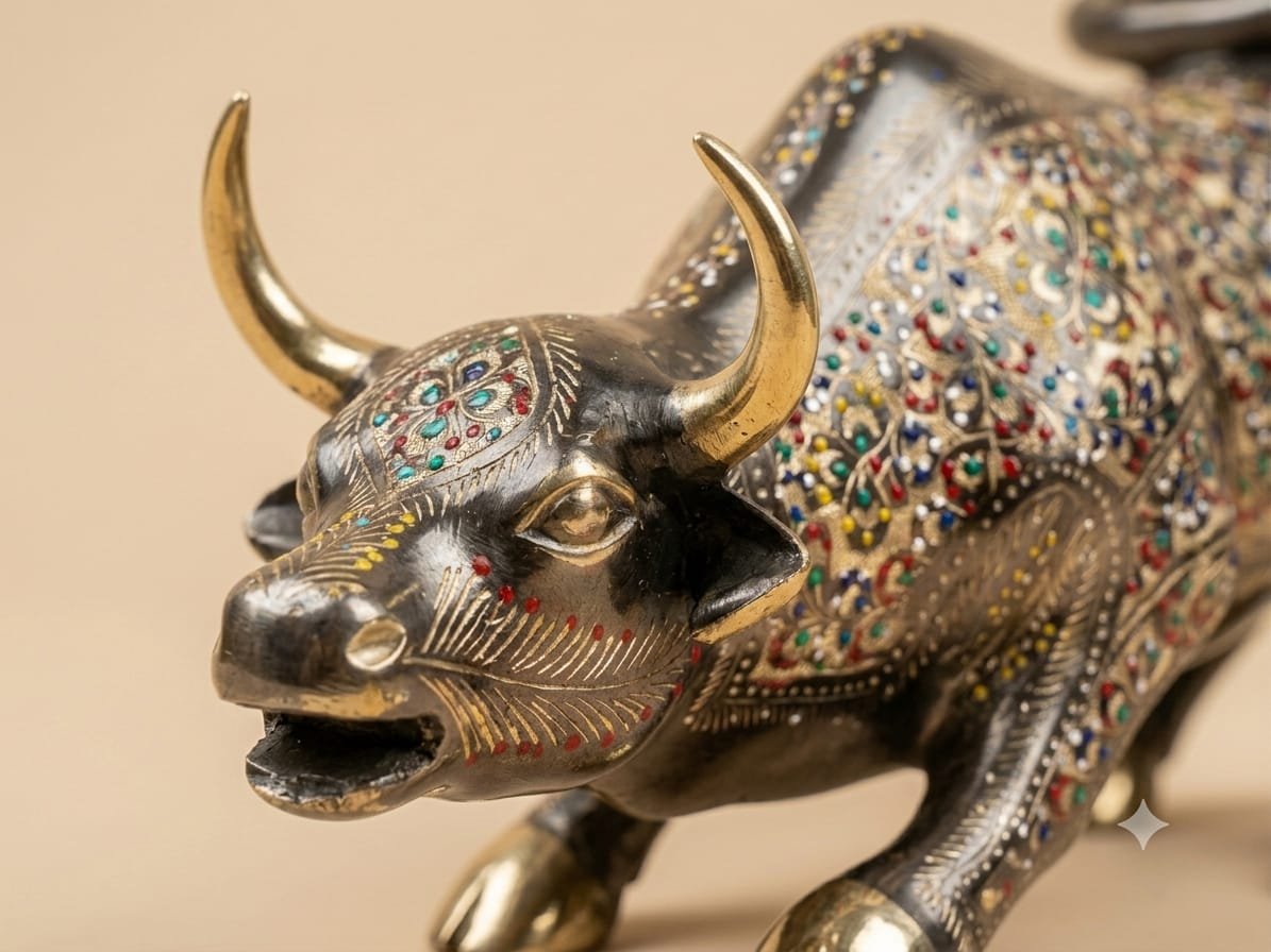 Handcrafted 16-Inch Solid Brass Charging Bull Statue - Multicolor Enamel Hand-Engraved Decorative Figurine - Image 3