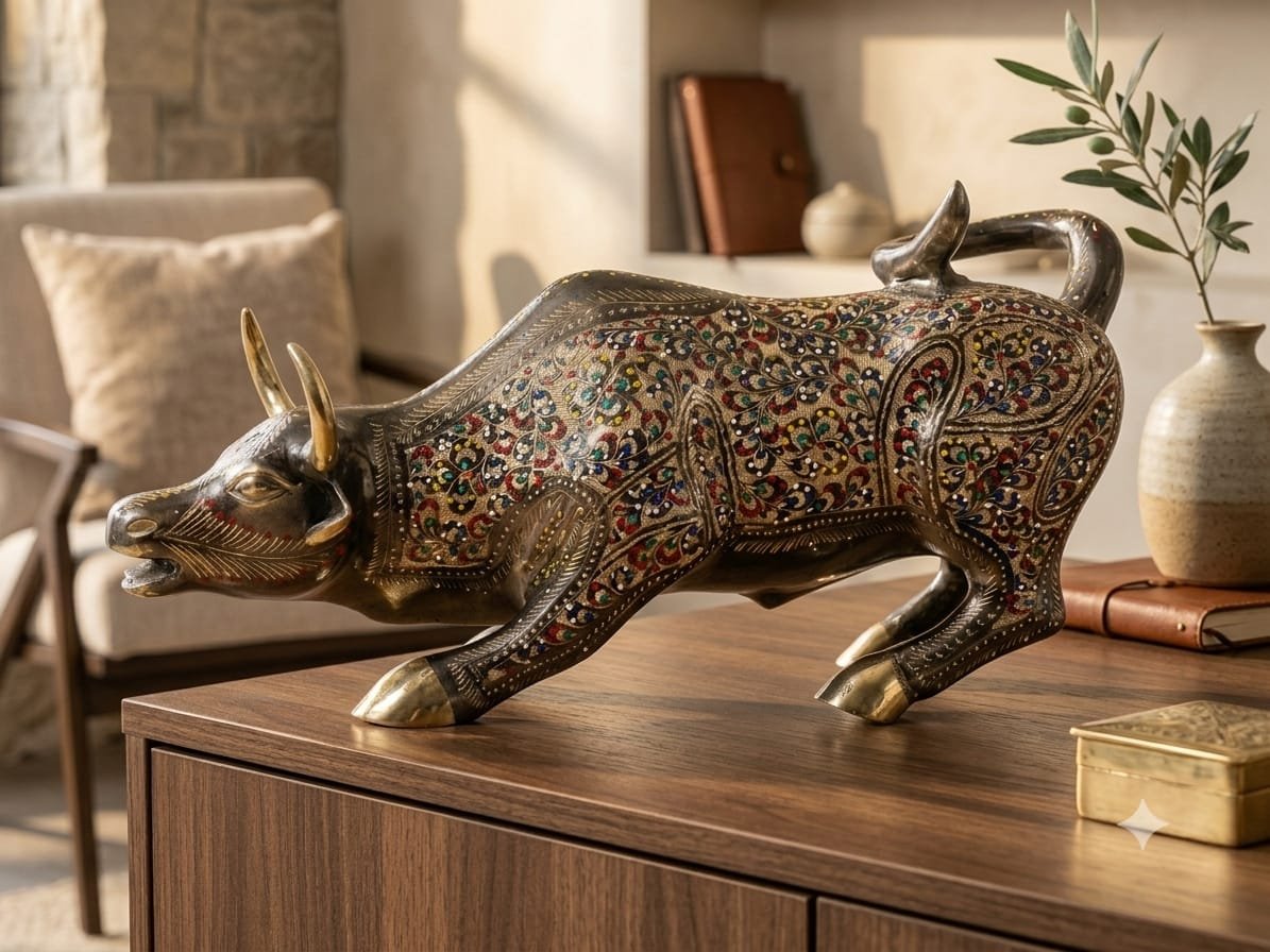 Handcrafted 16-Inch Solid Brass Charging Bull Statue - Multicolor Enamel Hand-Engraved Decorative Figurine - Image 4