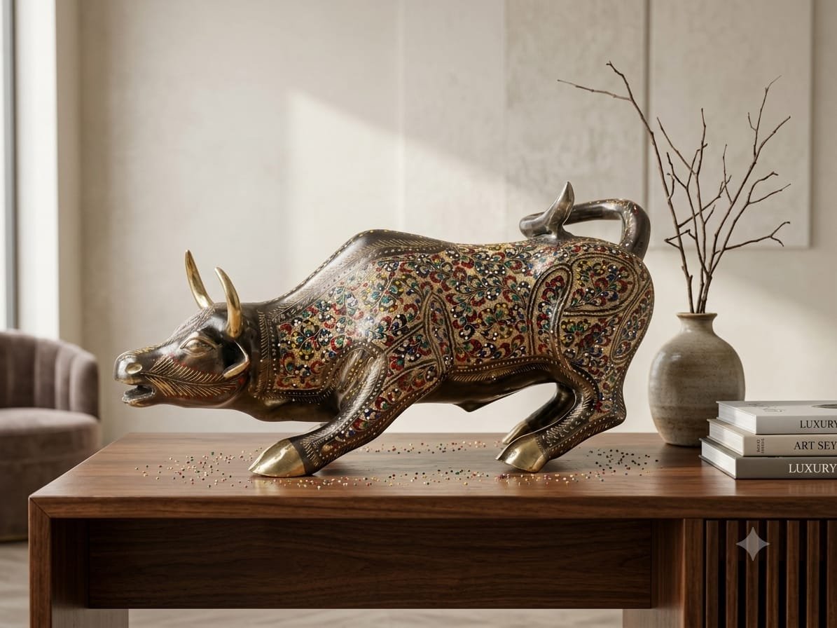 Handcrafted 16-Inch Solid Brass Charging Bull Statue - Multicolor Enamel Hand-Engraved Decorative Figurine - Image 5