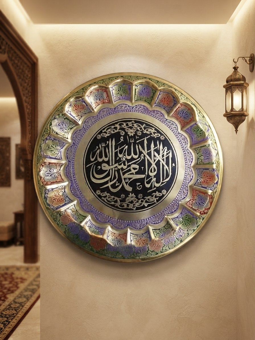 Handcrafted 18-Inch Solid Brass Kalma Decorative Wall Plate - Islamic Calligraphy Enamel Art Frame