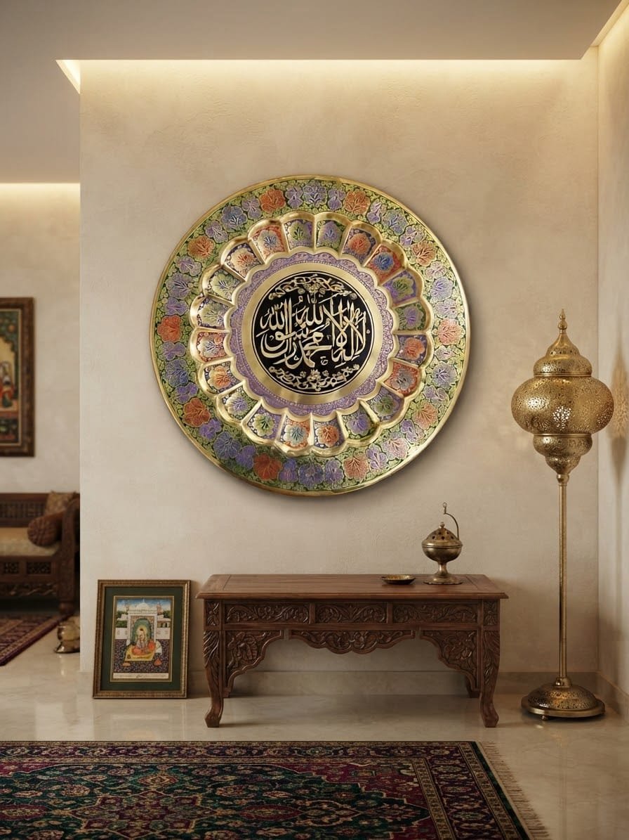 Handcrafted 18-Inch Solid Brass Kalma Decorative Wall Plate - Islamic Calligraphy Enamel Art Frame - Image 2