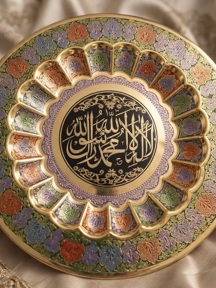 Handcrafted 18-Inch Solid Brass Kalma Decorative Wall Plate - Islamic Calligraphy Enamel Art Frame - Image 3