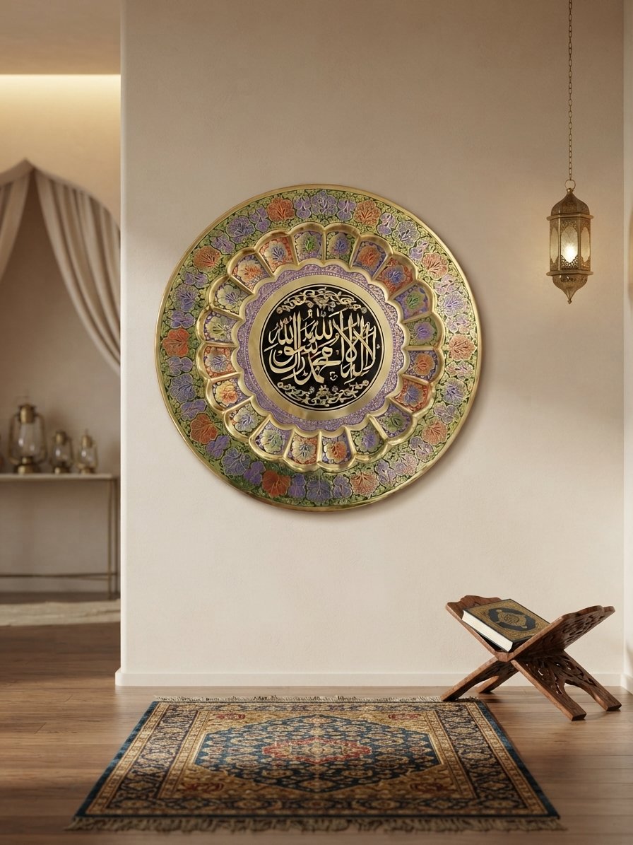 Handcrafted 18-Inch Solid Brass Kalma Decorative Wall Plate - Islamic Calligraphy Enamel Art Frame - Image 4