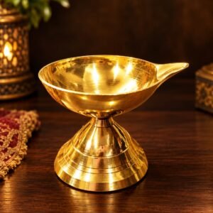 Handcrafted Solid Brass Chirag Oil Lamp Set – Traditional Pedestal Brass Diya