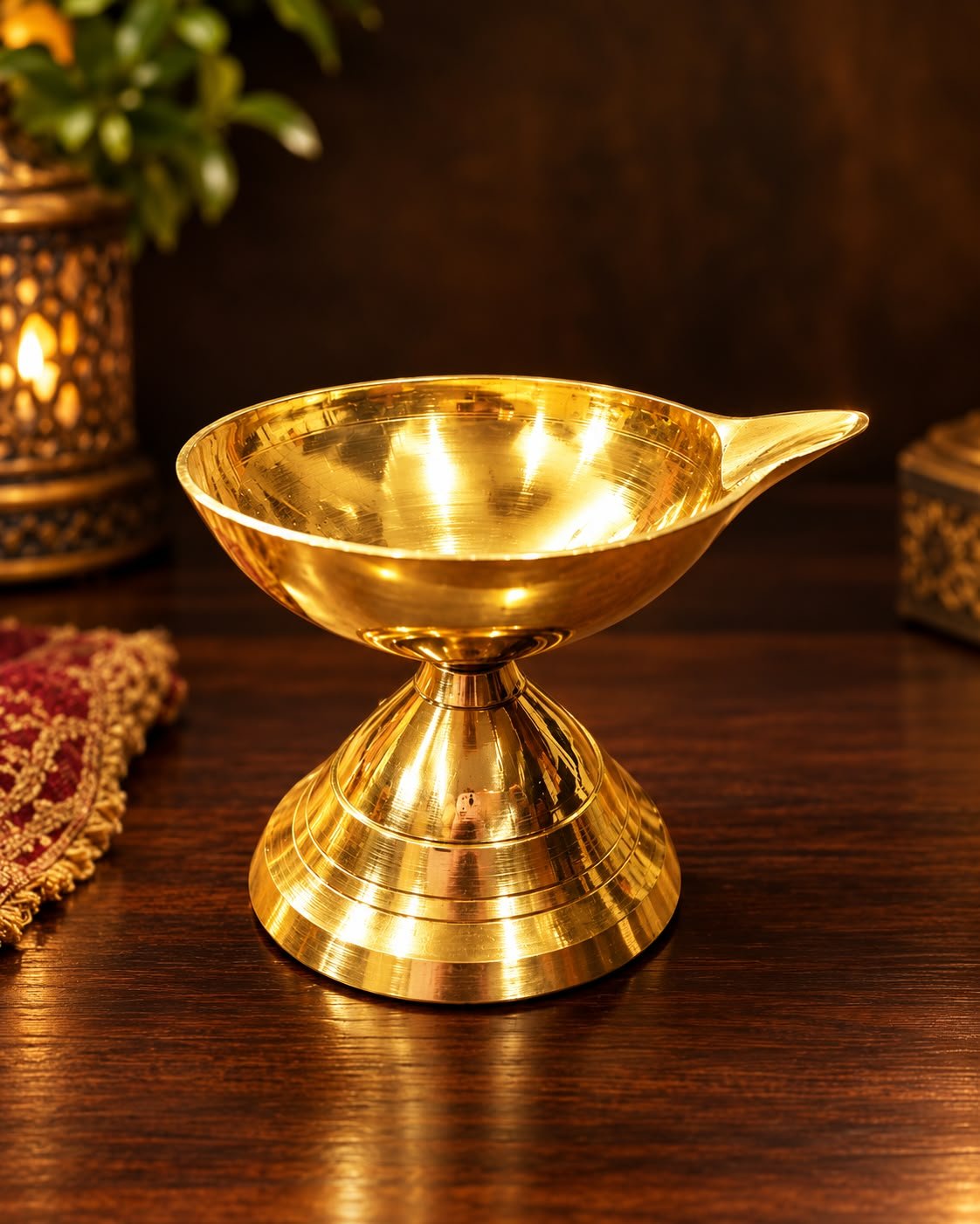Handcrafted Solid Brass Chirag Oil Lamp Set - Traditional Pedestal Brass Diya
