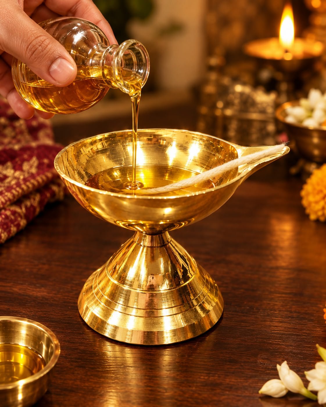 Handcrafted Solid Brass Chirag Oil Lamp Set - Traditional Pedestal Brass Diya - Image 2