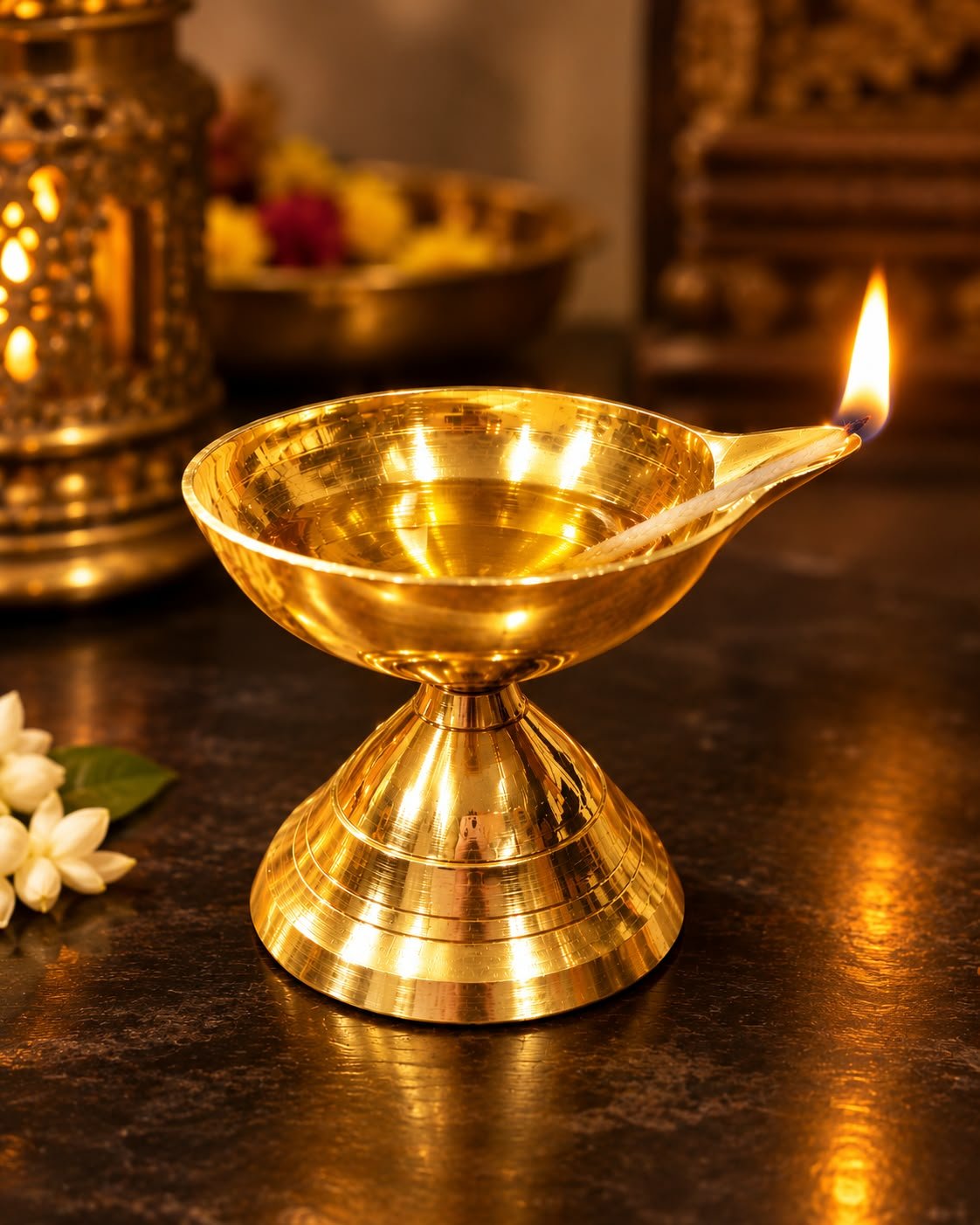 Handcrafted Solid Brass Chirag Oil Lamp Set - Traditional Pedestal Brass Diya - Image 3