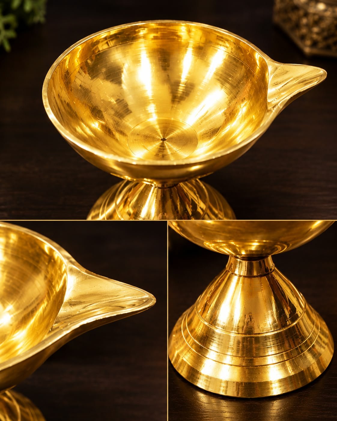 Handcrafted Solid Brass Chirag Oil Lamp Set - Traditional Pedestal Brass Diya - Image 4