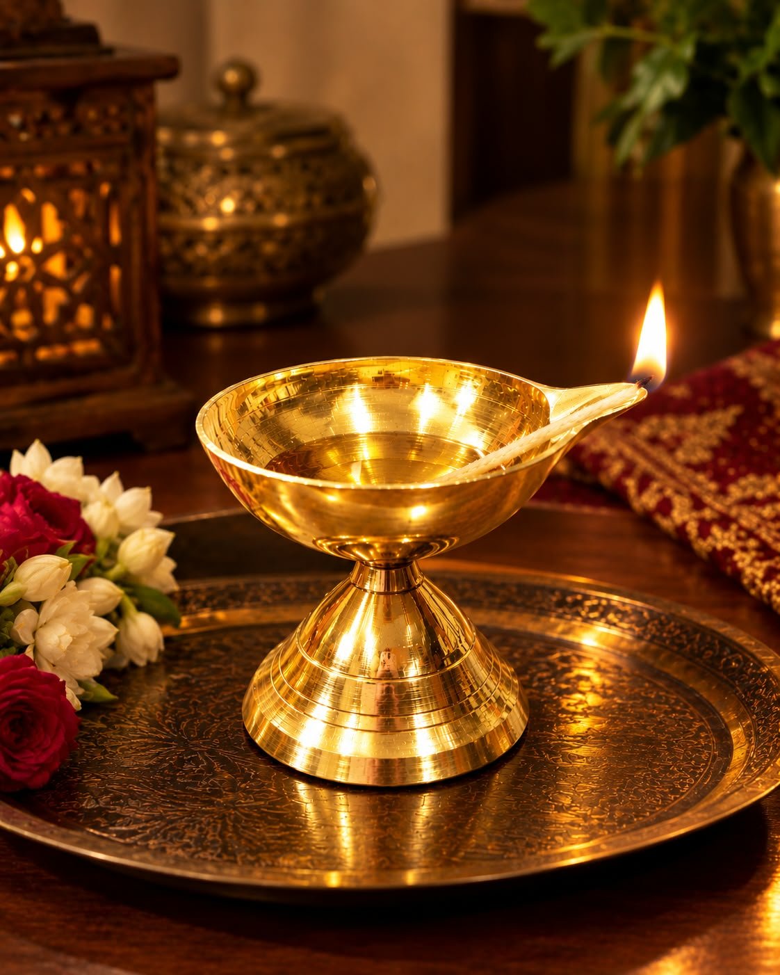 Handcrafted Solid Brass Chirag Oil Lamp Set - Traditional Pedestal Brass Diya - Image 5