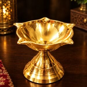 Handcrafted Solid Brass 5-Wick Chirag Oil Lamp – 5-Face Pedestal Brass Diya