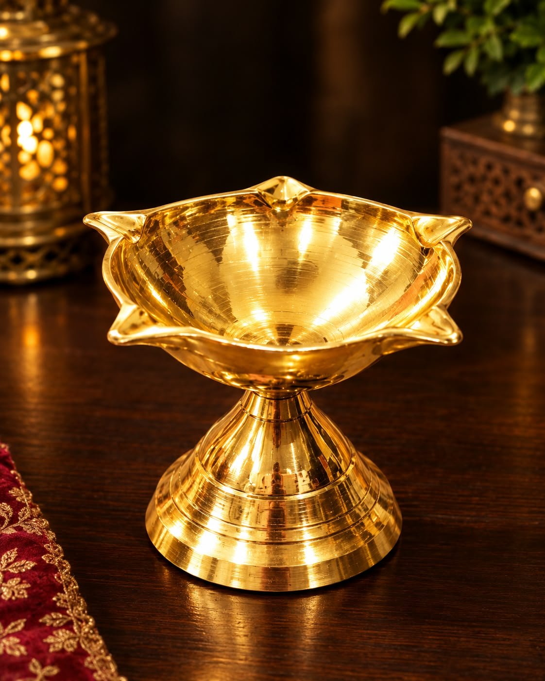Handcrafted Solid Brass 5-Wick Chirag Oil Lamp - 5-Face Pedestal Brass Diya