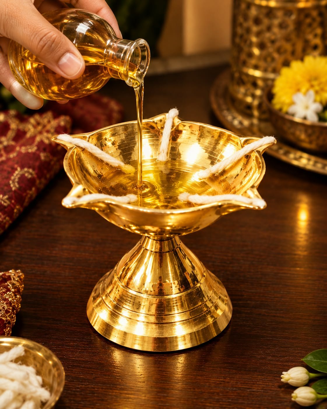 Handcrafted Solid Brass 5-Wick Chirag Oil Lamp - 5-Face Pedestal Brass Diya - Image 2