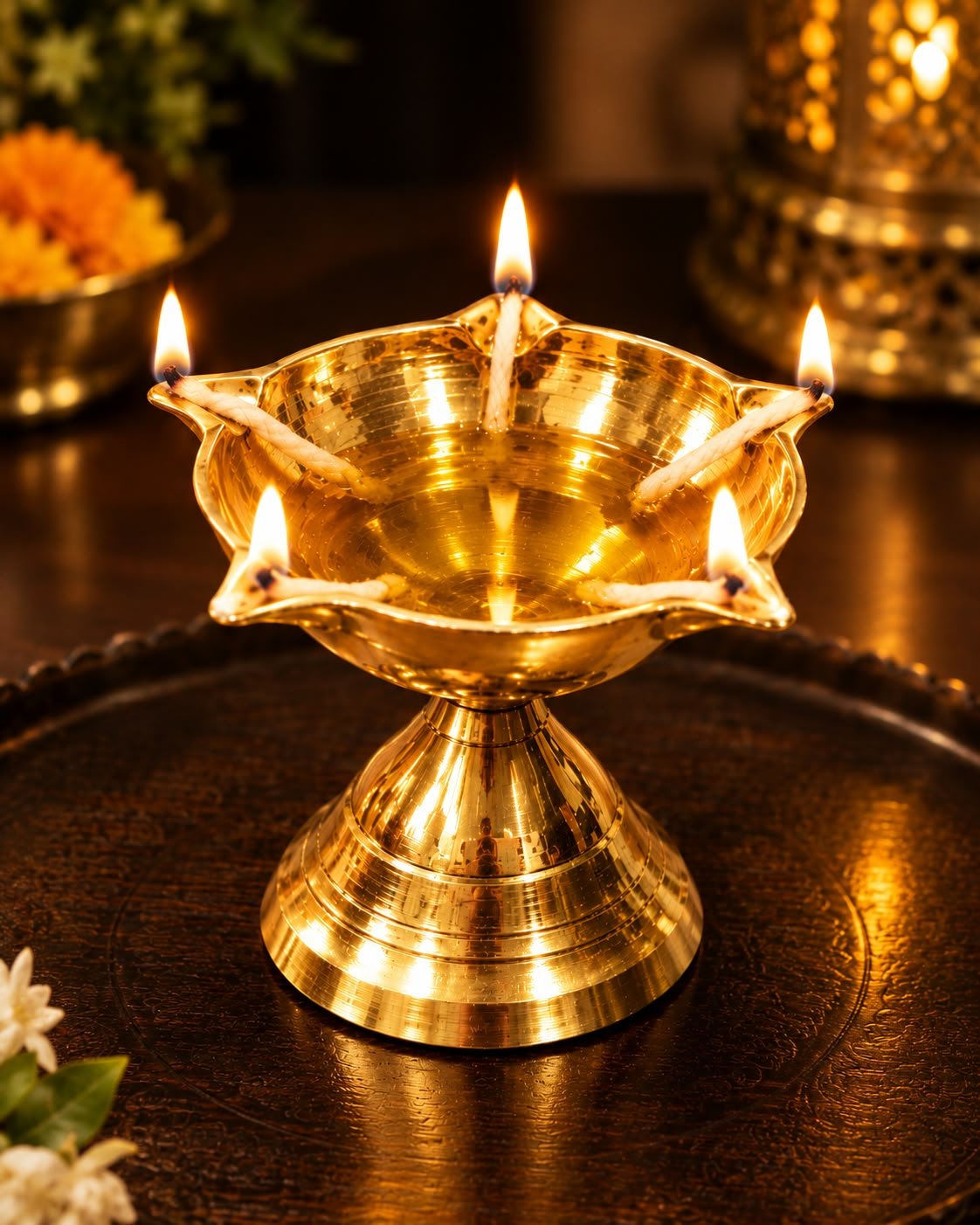 Handcrafted Solid Brass 5-Wick Chirag Oil Lamp - 5-Face Pedestal Brass Diya - Image 3