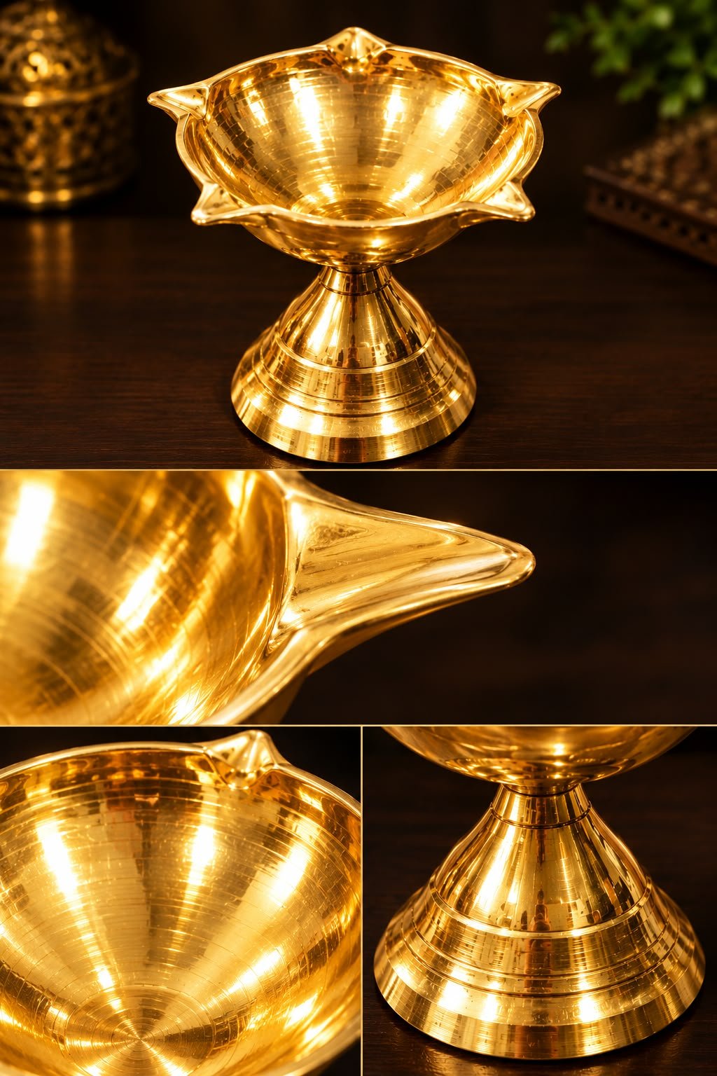Handcrafted Solid Brass 5-Wick Chirag Oil Lamp - 5-Face Pedestal Brass Diya - Image 4