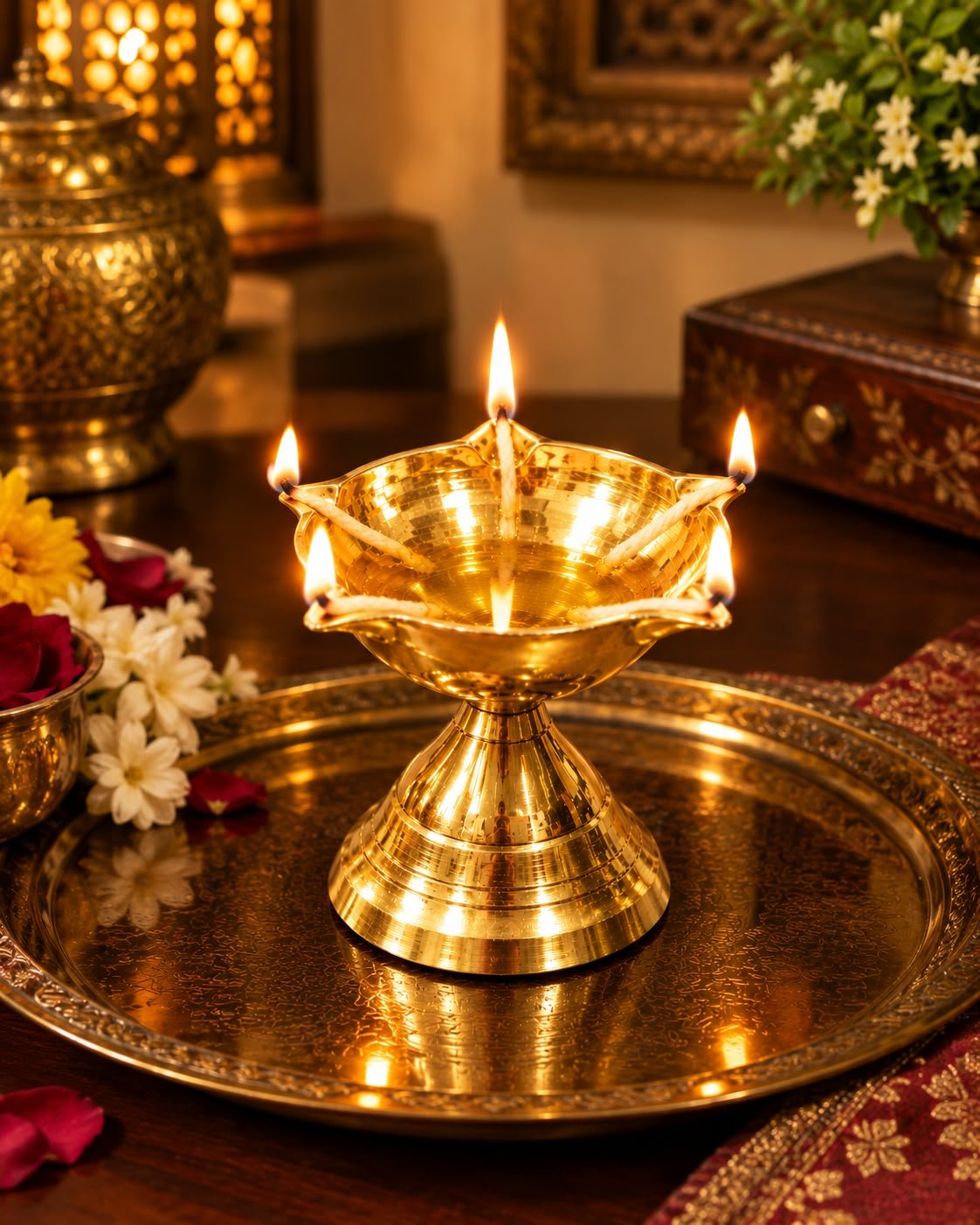 Handcrafted Solid Brass 5-Wick Chirag Oil Lamp - 5-Face Pedestal Brass Diya - Image 5