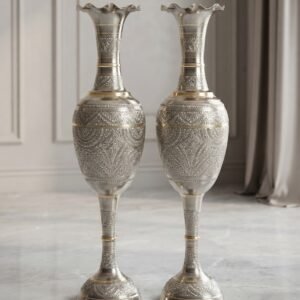 Handcrafted 40-Inch Kashmiri Style Brass Flower Vase Pair – Intricate Silver & Gold Engraved Floor Vases