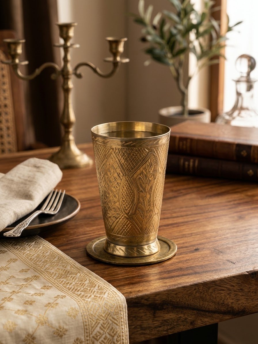 Handcrafted Pure Brass Engraved Glass (Peeptal Ka Glass) – Royal Polish Finish Drinking Tumbler - Image 4