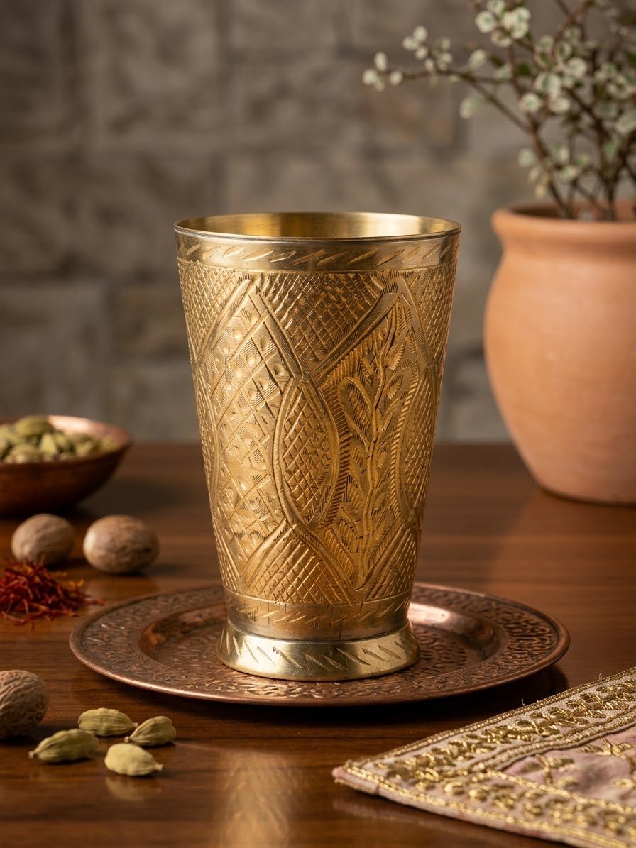 Handcrafted Pure Brass Engraved Glass (Peeptal Ka Glass) – Royal Polish Finish Drinking Tumbler - Image 3