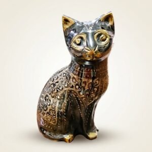 Handcrafted 8-Inch Solid Brass Cat Statue – Engraved Metallic Decorative Figurine