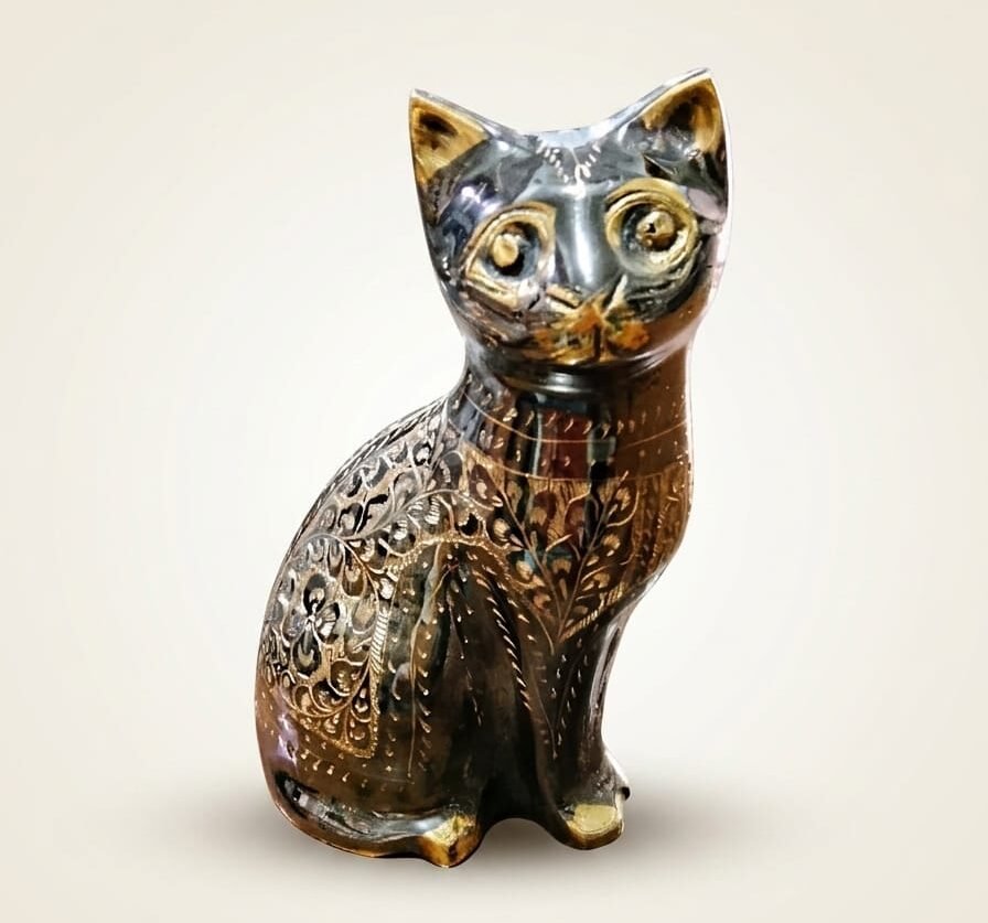 Handcrafted 8-Inch Solid Brass Cat Statue - Engraved Metallic Decorative Figurine