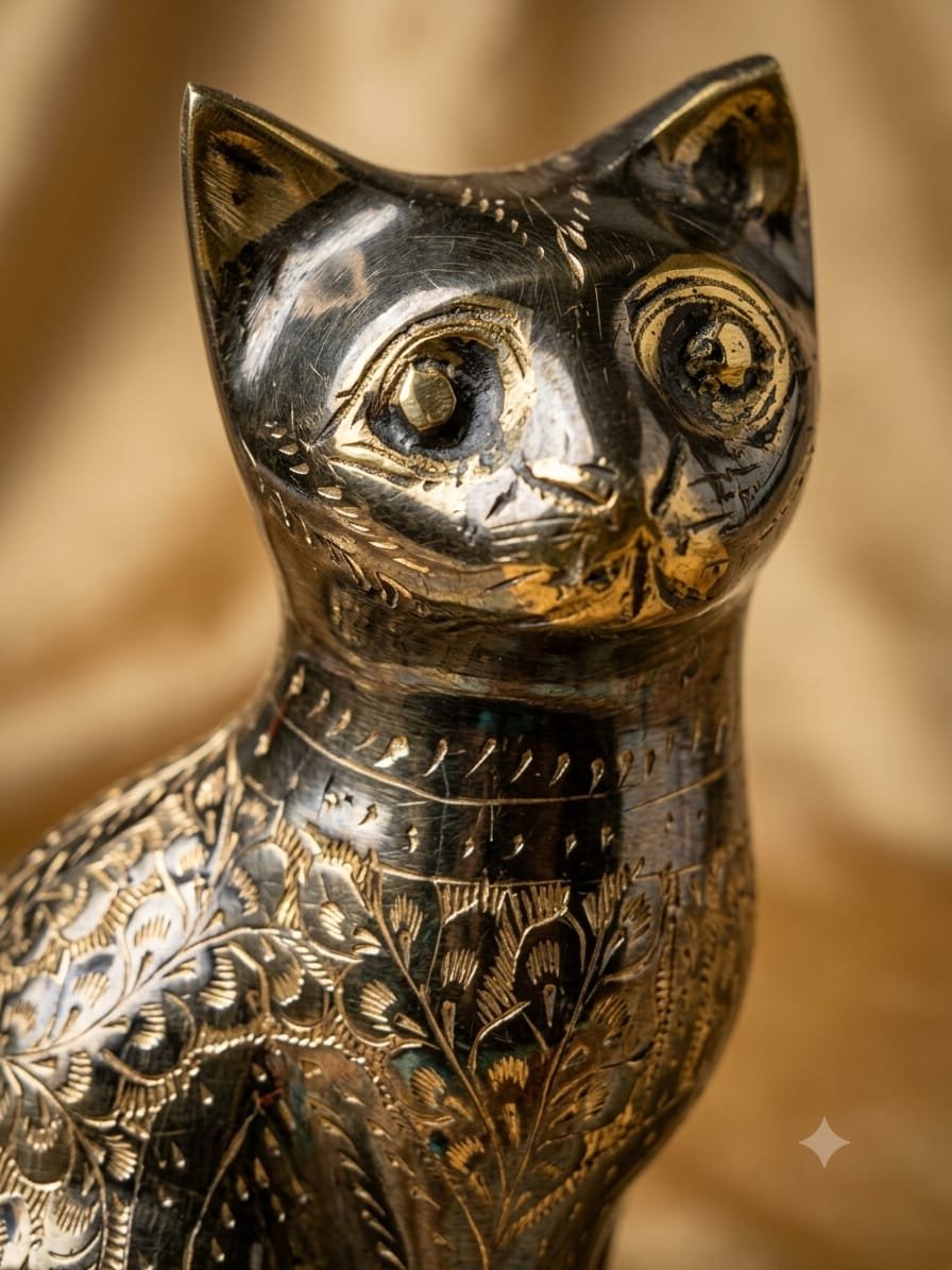 Handcrafted 8-Inch Solid Brass Cat Statue - Engraved Metallic Decorative Figurine - Image 3