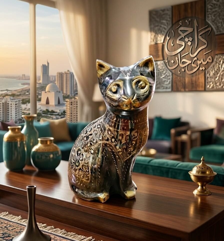 Handcrafted 8-Inch Solid Brass Cat Statue - Engraved Metallic Decorative Figurine - Image 4