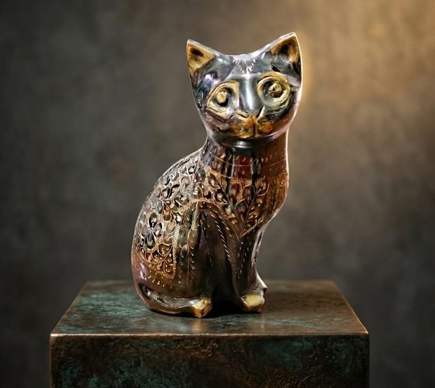 Handcrafted 8-Inch Solid Brass Cat Statue - Engraved Metallic Decorative Figurine - Image 5