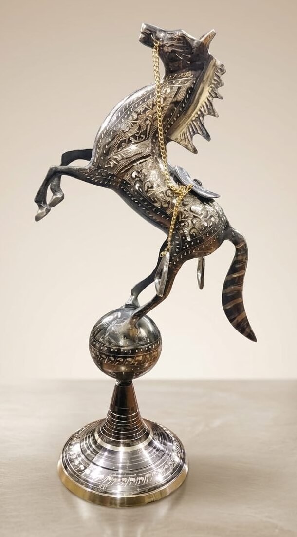 Handcrafted 8-Inch Standing Horse on Ball Solid Brass Statue - Engraved Royal Decorative Figurine