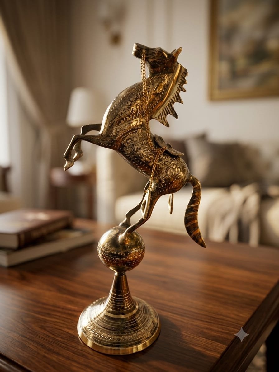 Handcrafted 8-Inch Standing Horse on Ball Solid Brass Statue - Engraved Royal Decorative Figurine - Image 2
