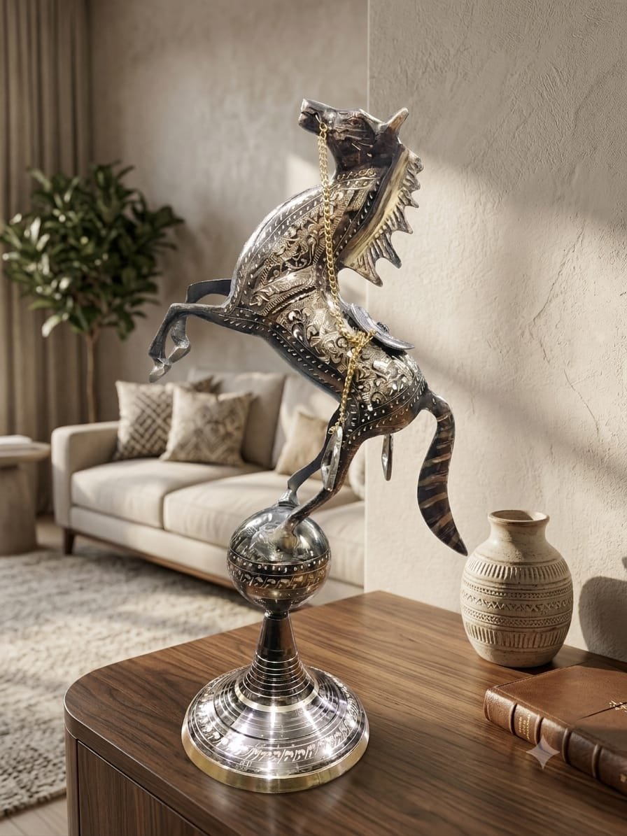 Handcrafted 8-Inch Standing Horse on Ball Solid Brass Statue - Engraved Royal Decorative Figurine - Image 4