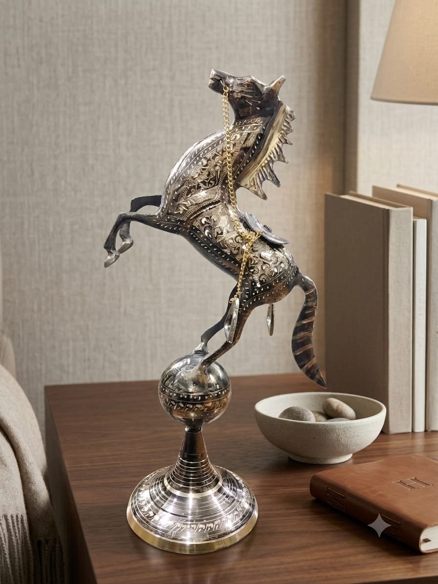 Handcrafted 8-Inch Standing Horse on Ball Solid Brass Statue - Engraved Royal Decorative Figurine - Image 5