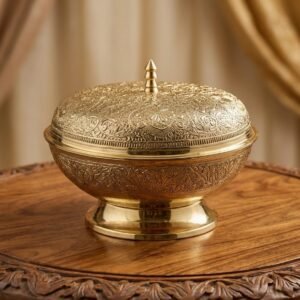 Handcrafted Antique Embossed Solid Brass Bowl with Lid – Decorative Royal Serving Container & Centerpiece