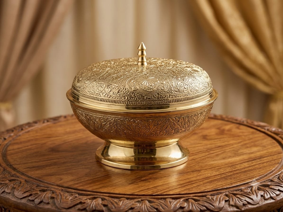 Handcrafted Antique Embossed Solid Brass Bowl with Lid - Decorative Royal Serving Container & Centerpiece