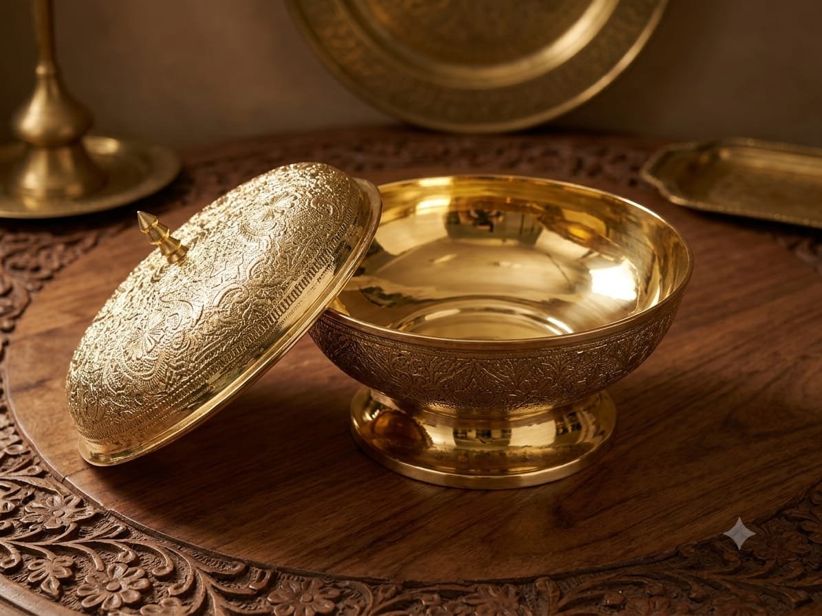 Handcrafted Antique Embossed Solid Brass Bowl with Lid - Decorative Royal Serving Container & Centerpiece - Image 2