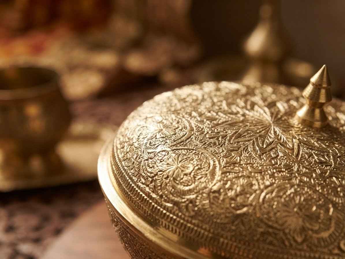 Handcrafted Antique Embossed Solid Brass Bowl with Lid - Decorative Royal Serving Container & Centerpiece - Image 3
