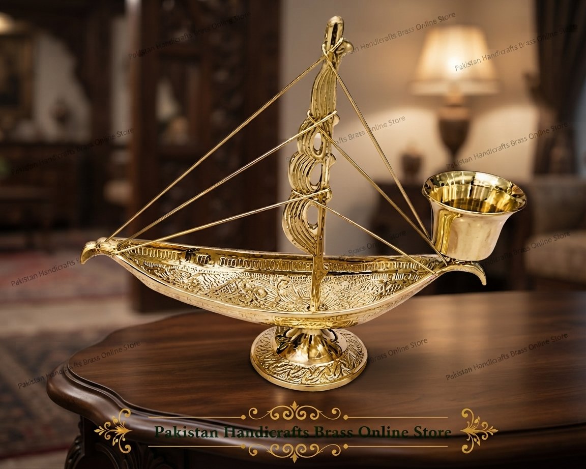 Handcrafted Nautical Brass Sailing Ship Candle Holder - Decorative Vintage Boat Figurine & Candle Stand