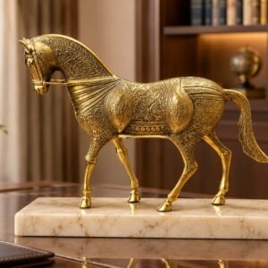 Handcrafted Pure Brass Golden Horse Statue (12 Inches) – Grand Solid Peetal Ghoda Sculpture