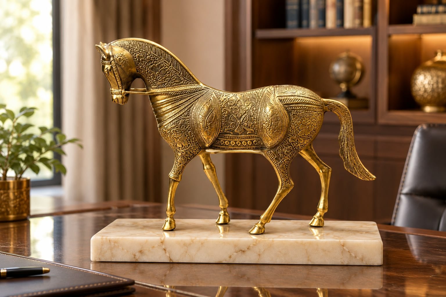 Handcrafted Pure Brass Golden Horse Statue (12 Inches) – Grand Solid Peetal Ghoda Sculpture