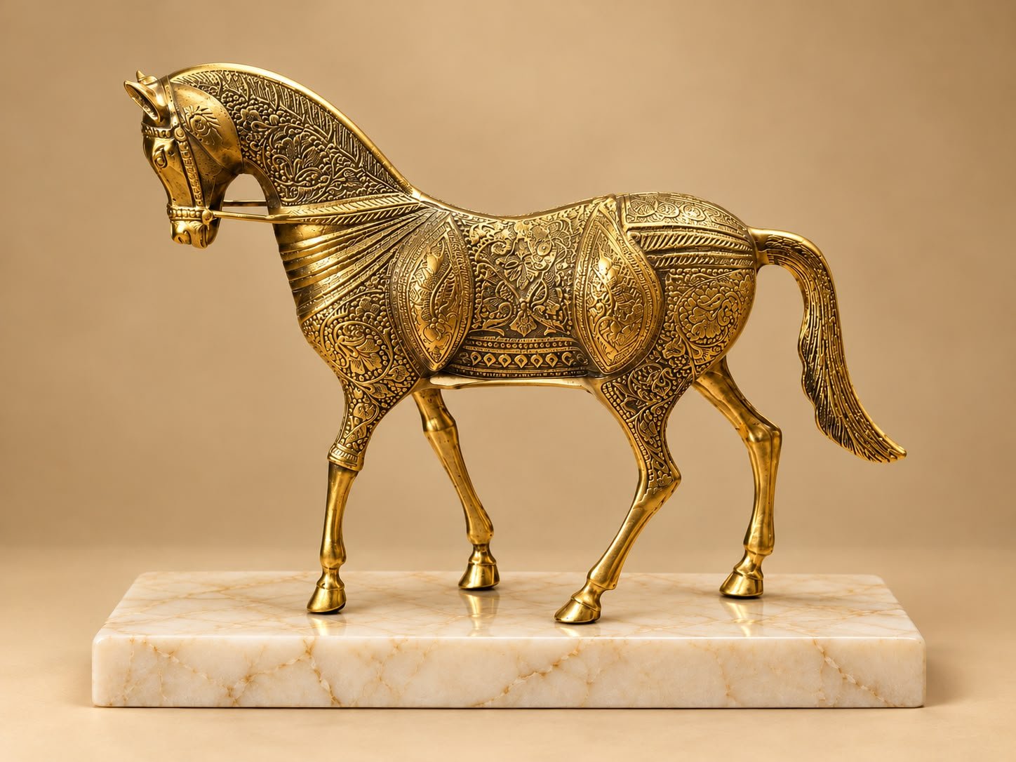 Handcrafted Pure Brass Golden Horse Statue (12 Inches) – Grand Solid Peetal Ghoda Sculpture - Image 2