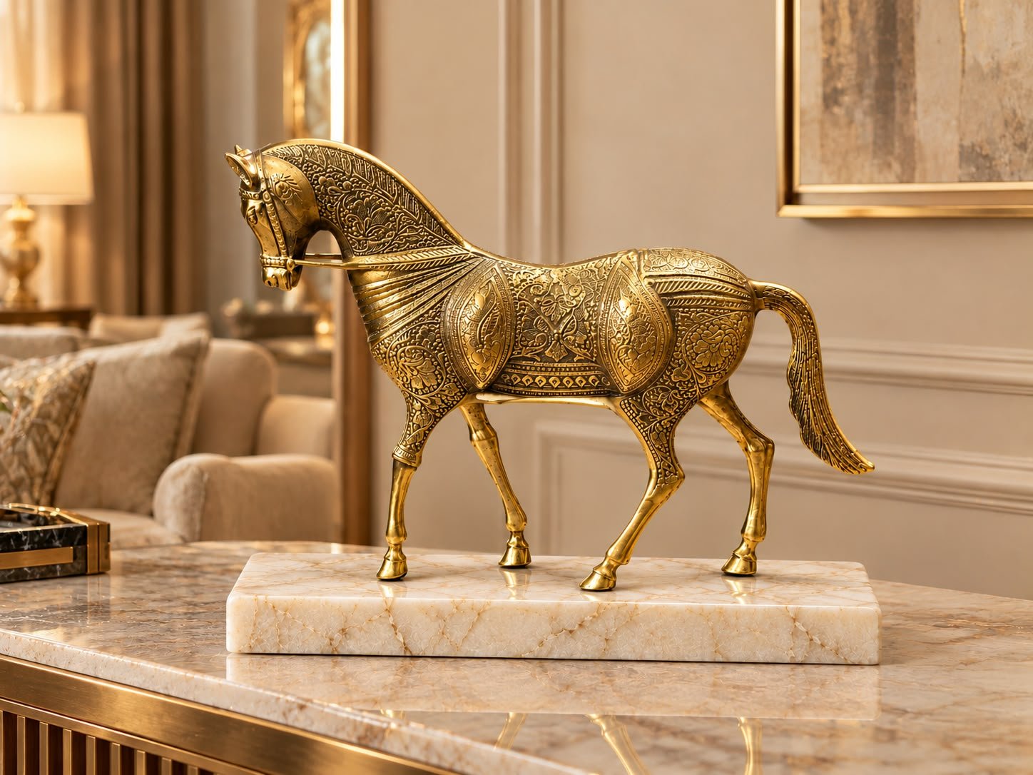 Handcrafted Pure Brass Golden Horse Statue (12 Inches) – Grand Solid Peetal Ghoda Sculpture - Image 5
