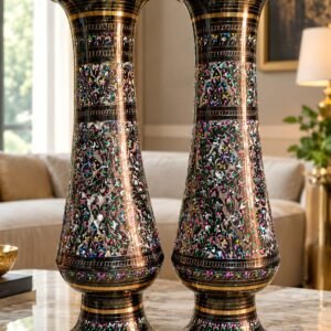 Handcrafted Decorative Brass 16″ Flower Vase Pair (13.5 Inches) – Black Antique Floral Enamel Work Metal Vases